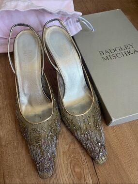 Vintage Badgley Mischka Sequin Gold Heels Size 38 NIB